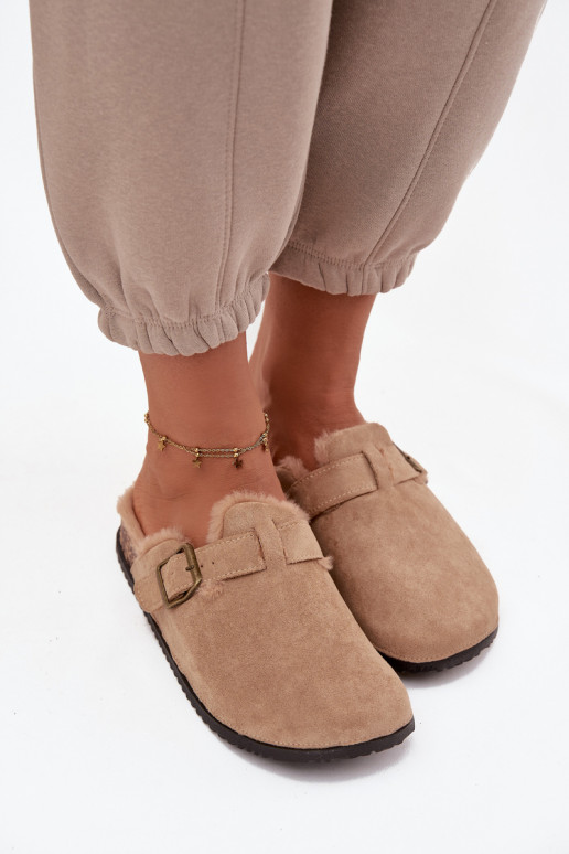 Slippers Klompen Dames opInarmen met bont erin met gespen beige Sylisse Slippers Klompen Dames opInarmen met bont erin met gespen beige Sylisse
