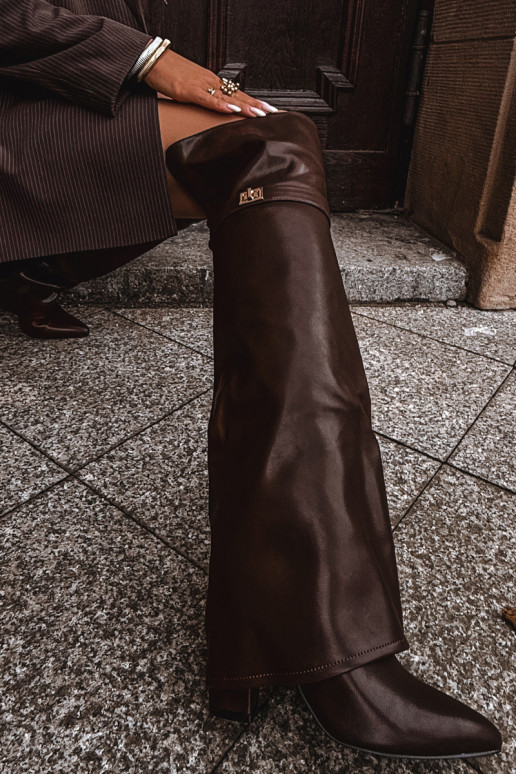 opInarmen laarzenINyIniniętą CholeInką boven de knie Obcas Słupek bruine kleur Serelle opInarmen laarzenINyIniniętą CholeInką boven de knie Obcas Słupek bruine kleur Serelle