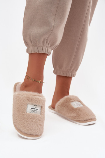 Dames slippers met bont in zandkleur