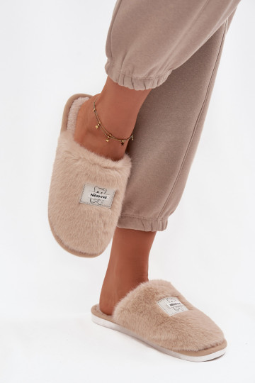 Dames slippers met bont in zandkleur 2