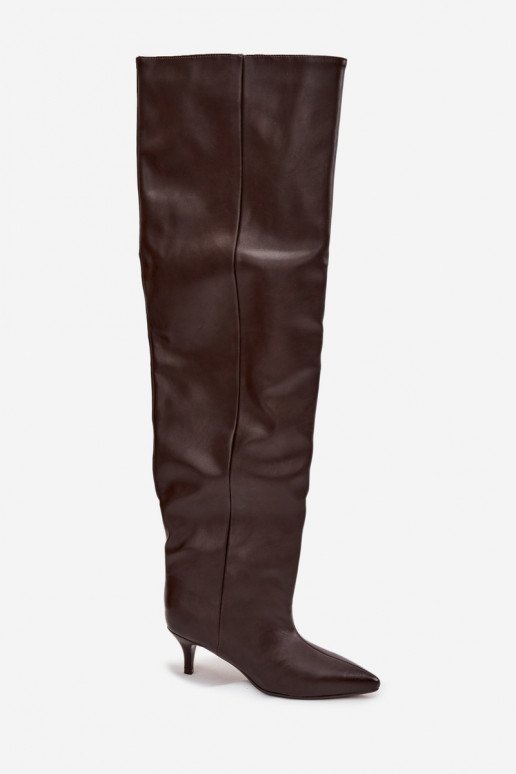 Dames instap knielaarzen met dunne hakken chocoladebruin Ysolienne Dames instap knielaarzen met dunne hakken chocoladebruin Ysolienne