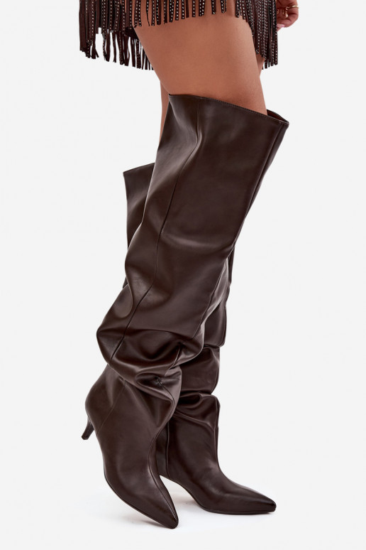 Dames instap knielaarzen met dunne hakken chocoladebruin Ysolienne Dames instap knielaarzen met dunne hakken chocoladebruin Ysolienne