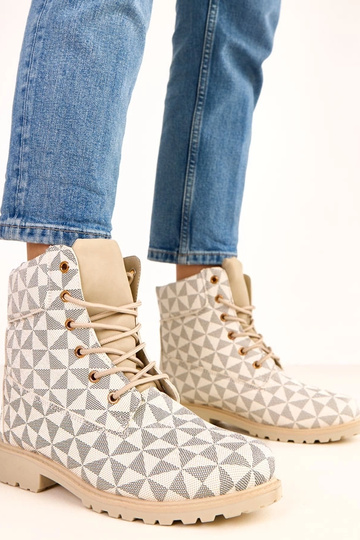 Beige-zwarte werkschoenen met geometrisch patroon Alicia