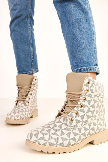 Beige-zwarte werkschoenen met geometrisch patroon Alicia 2