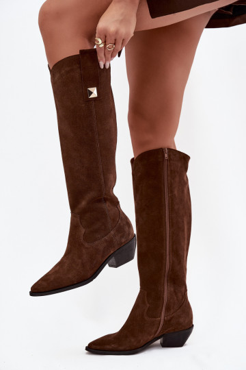 Chocoladekleurige warme cowboystijl lange laarzen van kunstleer Zazoo 4224