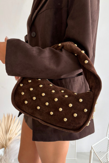 Natuurlijke suede chocolade handtas met decoratie Julisse