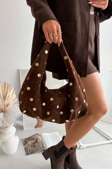 Suede chocolade handtas met decoratie Marisse