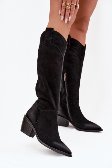 Dames cowboy stijl lange laarzen met hakken van echt suede, Artiker 57C0232, zwart 2