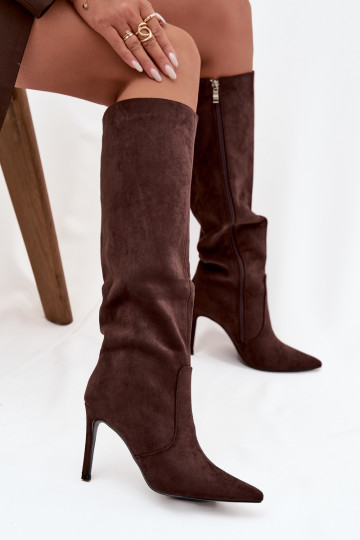 opInarmen dameslaarzen met dunne hakkenvan eco-suèdeu CzekoladoIne Rosavine