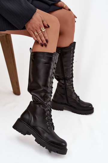 Gevoerde dames lange laarzen van kunstleer met veters zwart Novissa