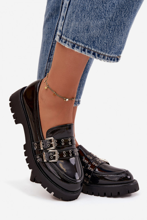 dames mocassins met lakeffect Met Strepen I zilvere kleurmi met gespenmi zInart Gabrisse