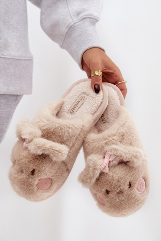 met bont Slippers Dames met oren I Kokardką beige Corayne