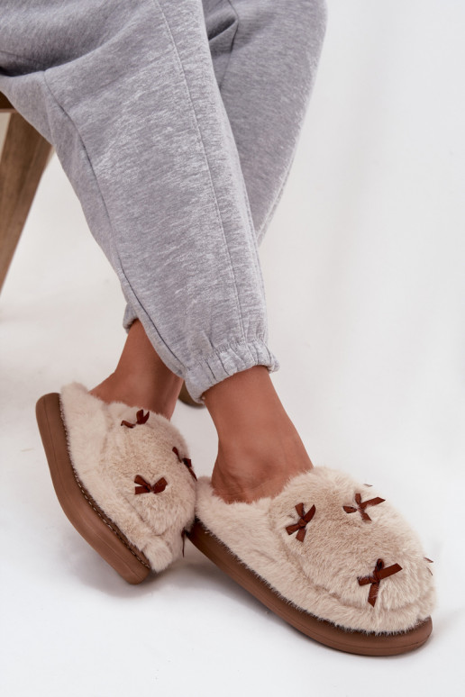 met bont Slippers Dames met linten beige Saviera
