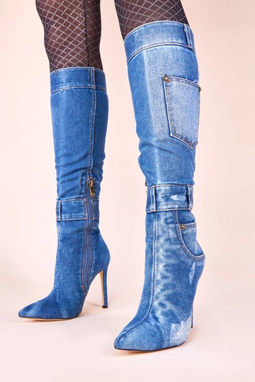 Jeans lange laarzen op hoge hak met zakjes Sina