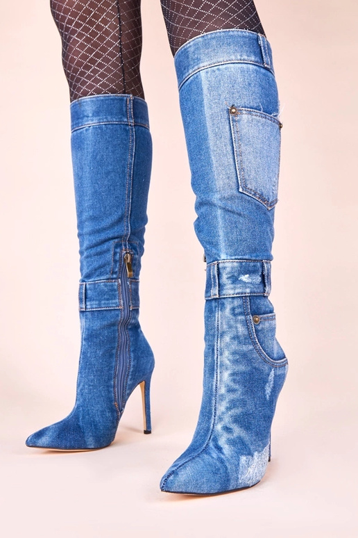 Jeans lange laarzen op hoge hak met...