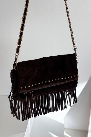 Chocoladebruine kunstsuède handtas met franje en ketting Tarella 2
