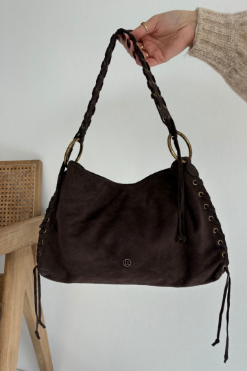 Chocolade kunstsuède handtas met decoratieve veters Janelis