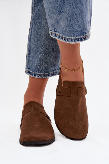 Dames klomp slippers met platform en gespen, bruine kleur Selio