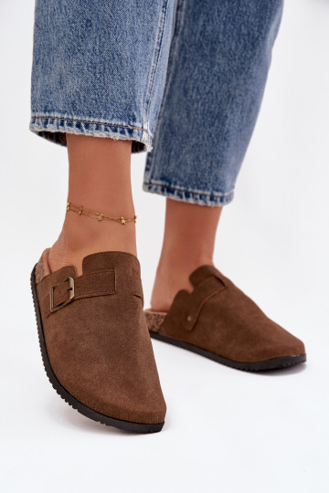 Dames klomp slippers met platform en gespen, bruine kleur Selio 2