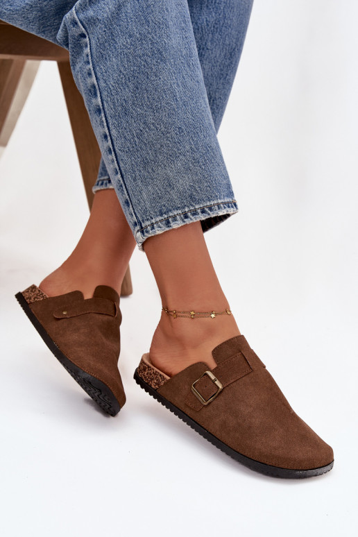 Slippers Klompen Dames i met platform met gespen bruine kleur Selio