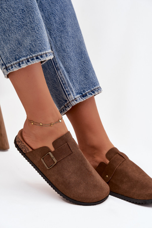 Slippers Klompen Dames i met platform met gespen bruine kleur Selio