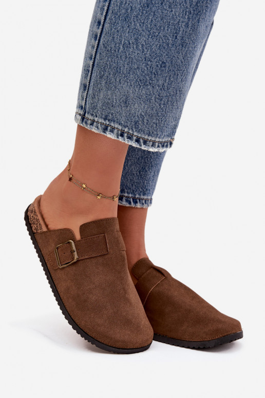 Slippers Klompen Dames i met platform met gespen bruine kleur Selio