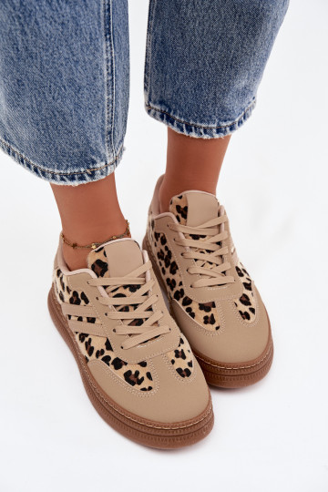 Zandkleurige dames sportschoenen met plateau en panterprint Denissa