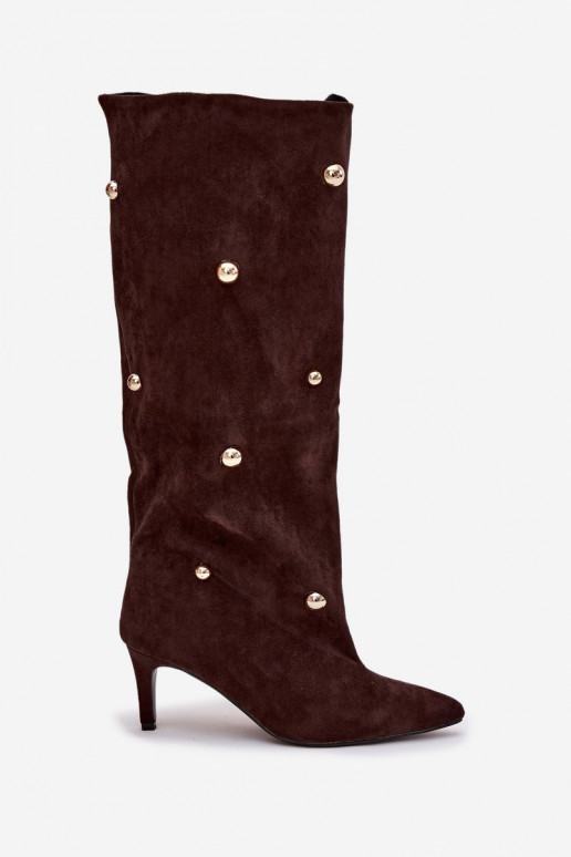 Persistent model dameslaarzen met dunne hakken Ze gouden kleurmi Ozdobami CzekoladoIne Thaliane