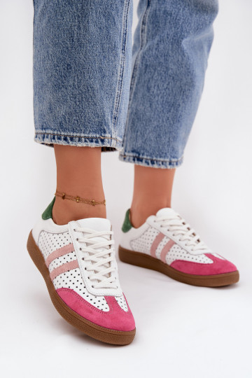 Wit-roze Zazoo N1318 dames sportschoenen met opengewerkte elementen van natuurlijk leer 2