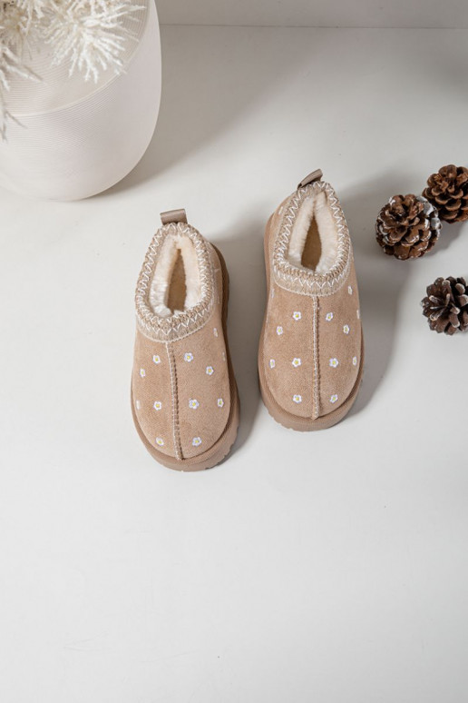Kindersneeuwlaarzen met bloemenmotief en oortjes, gevoerd met bont, Palina, zandkleur