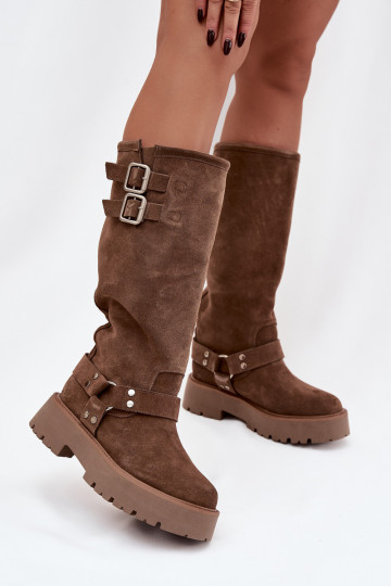 Zandkleurige Big Star OO274A182 warme dames lange laarzen met gespen van natuurlijk suede 2