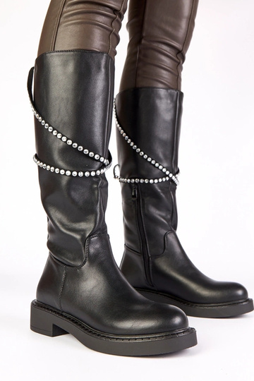Zwarte lange laarzen met decoratieve riem met steentjes Roisin