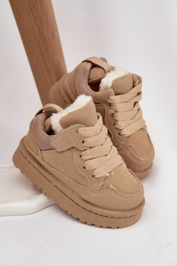 Zandkleurige warme kinder sneakers met voering van bont Mireen