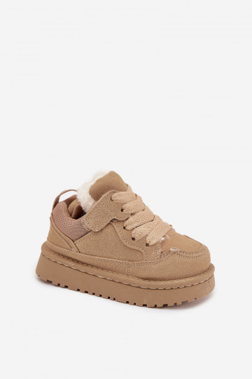 Zandkleurige warme kinder sneakers met voering van bont Mireen 2