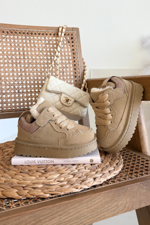 Zandkleurige warme kinder sneakers met voering van bont Mireen
