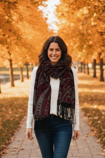 Grijs-bordeaux sjaal met...