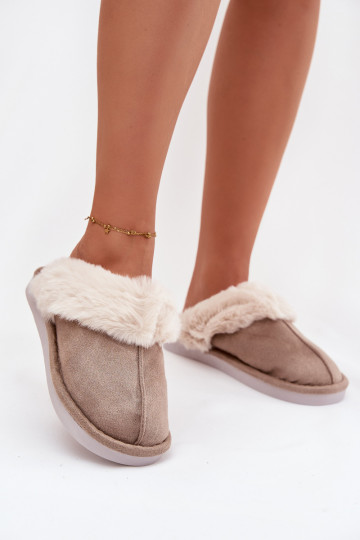 Chaki dames slippers met bont Carisse