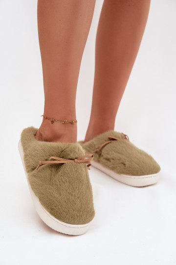 Groene Minella slippers met bont en strikken 2
