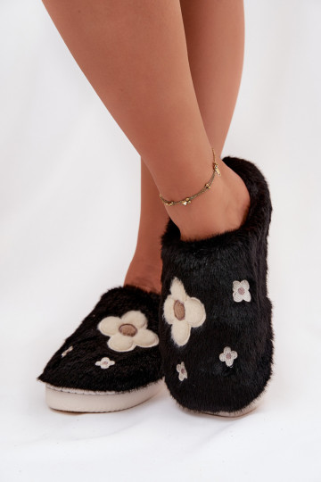 Zwarte Selinne slippers met bont en bloemenmotieven 2