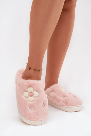 Roze Selinne slippers met bont en bloemenmotieven