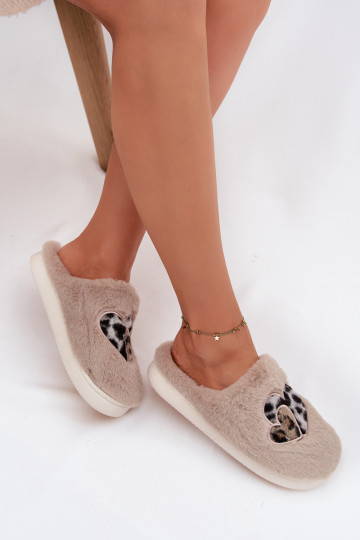 Zandkleurige Amandra slippers met bont en hartjes