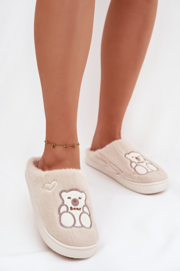 Zandkleurige Noralie slippers met bont en een teddybeer 2