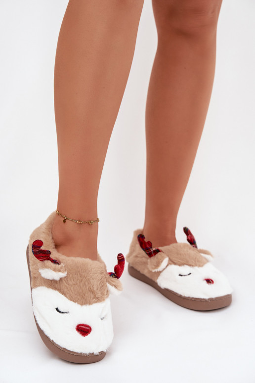 Slippers Kerstmis Dames Met Thema Rendier met bont beige Orsella