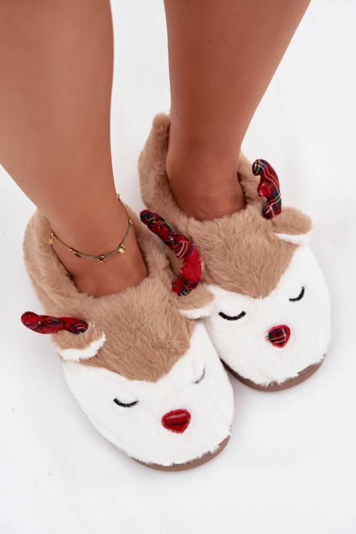 Slippers Kerstmis Dames Met Thema Rendier met bont beige Orsella