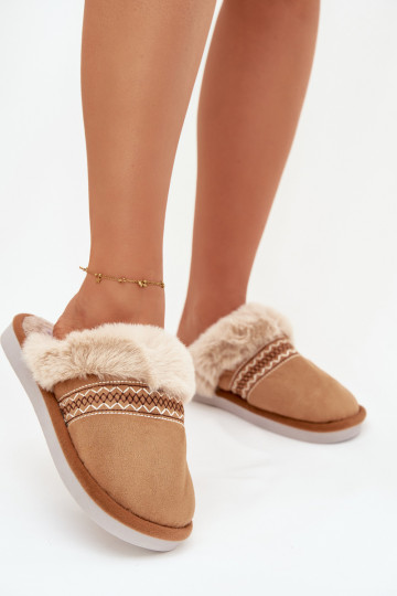 Bruine Devianne dames slippers met bont en borduurwerk 2