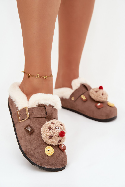 Slippers Dames met mooie details I met gespen opInarmen met bont erin bruine kleur Thalora