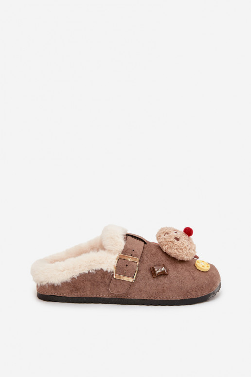 Slippers Dames met mooie details I met gespen opInarmen met bont erin bruine kleur Thalora