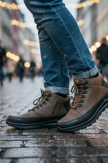 Grijze heren sneakers, gevoerd met bont op een platform Paul