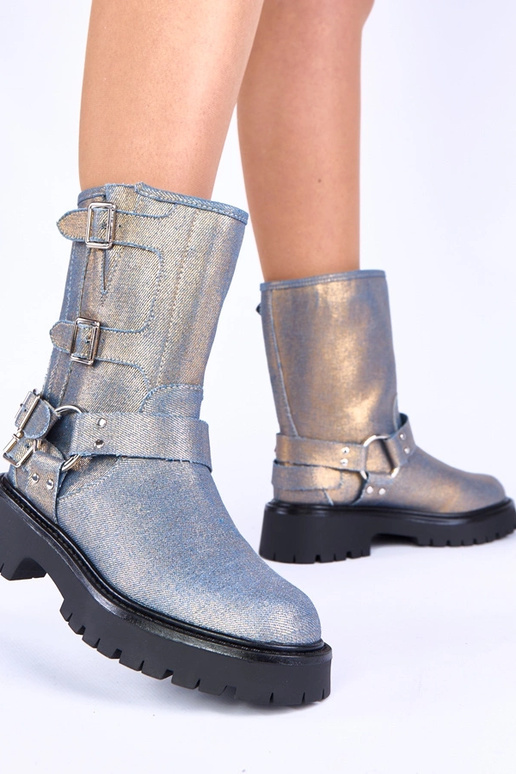 Blauwe laarsjes met gouden gespen Cara