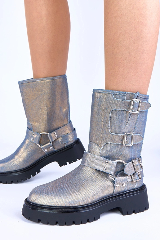 Blauwe laarsjes met gouden gespen Cara